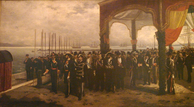 Départ du Amédée Ier Départ du Amédée Ier pour l'Espagne dans le port de La Spezia - Tableau de Luis Álvarez Catalá